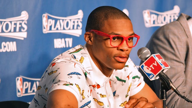 2012: Russell Westbrook addresses the media after Game 1 of the Western Conference semifinals.