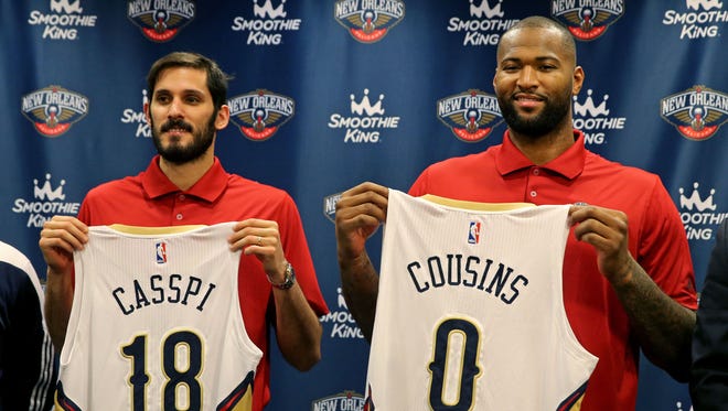 2017: Omri Casspi (18) and DeMarcus Cousins (0) were introduced by the New Orleans Pelicans at a press conference at the New Orleans Pelicans Practice Facility.