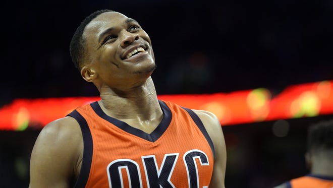 2016: Russell Westbrook reacts after a play against the Boston Celtics during the fourth quarter at Chesapeake Energy Arena.