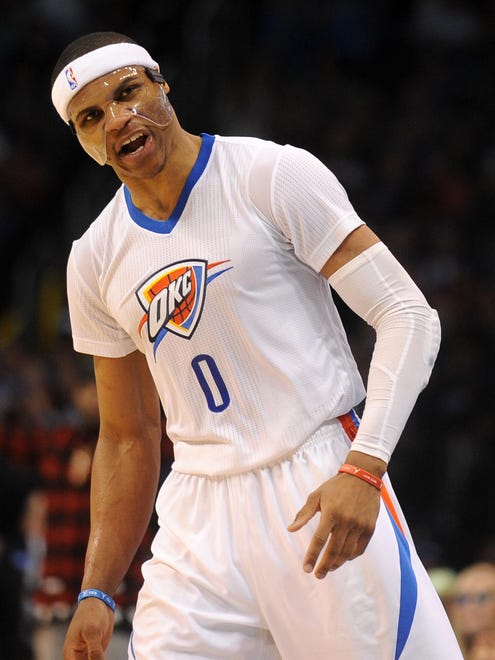 2015: Russell Westbrook reacts after a play against the Toronto Raptors.