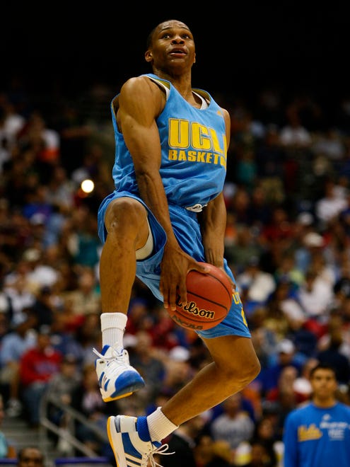 2008: UCLA guard Russell Westbrook has some fun as his team ends practice.