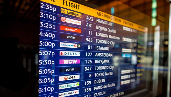 A flight board inside Boston Logan's international terminal demonstrates the steady gains the city has seen in overseas traffic in recent years.