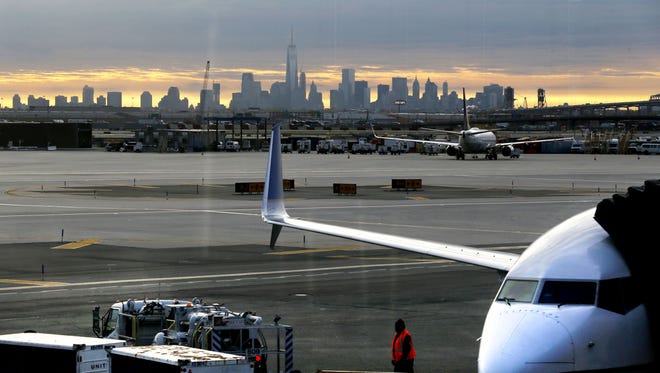 The Manhattan skyline can be seen from Terminal C at Newark Liberty International Airport, which is United's third-busiest hub (by passengers).