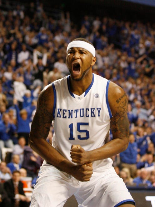2010: Kentucky Wildcats forward DeMarcus Cousins (15) celebrates in the game against the South Carolina Gamecocks.