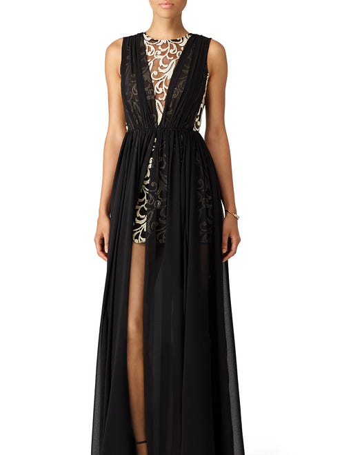 High slits add another variation to the high-low look. Christian Pellizzari Black Eve Gown, size 2-10; $95-165 rentals.
