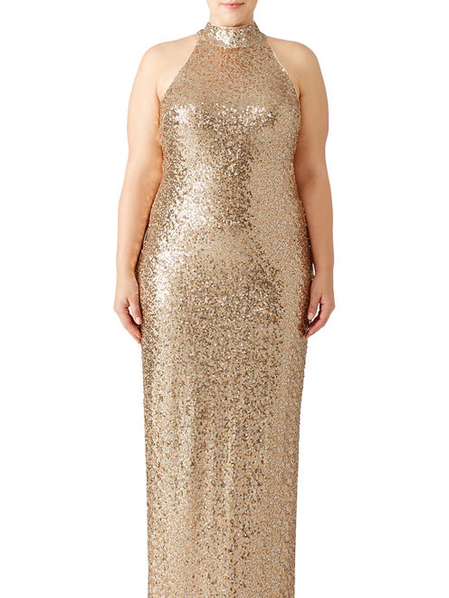 Glamorous, sparkling gowns are also in style. Badgley Mischka Add to Hearts
Gold Mix High Neck Gown, sizes 0-22w; $70-105 rental.
