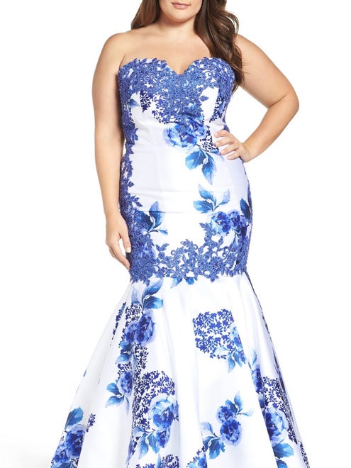 Try updating a traditional white gown with blue florals. Mac Duggal Embellished Strapless Zip Off from Nordstrom, size 14w-24w; $538