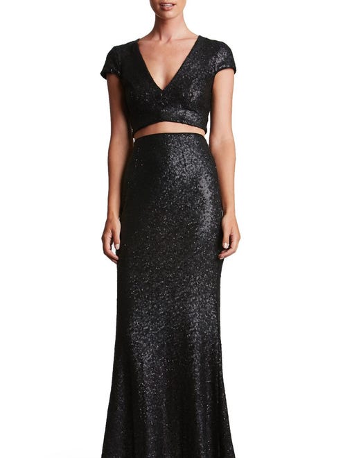 A little skin breaks up this sequin Dress the Population Cara Sequin Two Piece Gown from Nordstrom, size XS-XL; $298.