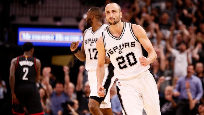 2017: Ginobili reacts after a shot against the Houston Rockets in Game 5 of the second round of the 2017 NBA Playoffs.