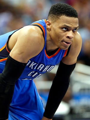 Oklahoma City Thunder guard Russell Westbrook (0) looks on during the second half at Amway Center.