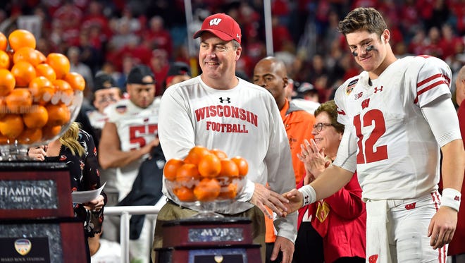 Wisconsin head coach Paul Chryst and quarterback Alex Hornibrook celebrate after defeating Miami in the Orange Bowl.