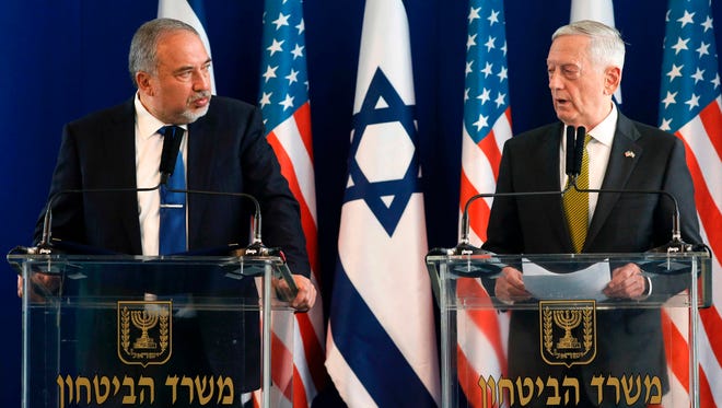 Israeli Defence Minister Avigdor Lieberman and Defence Secretary James Mattis give a joint press conference at the Ministry of Defence in Tel Aviv on April 21, 2017.