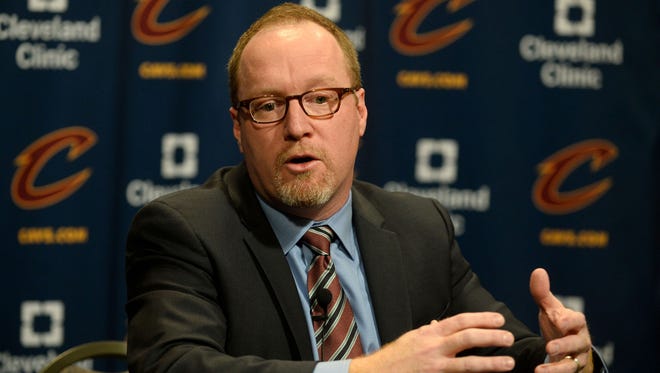 Cleveland Cavaliers general manager David Griffin talks with the media before the game between the Cleveland Cavaliers and the Chicago Bulls at Quicken Loans Arena.