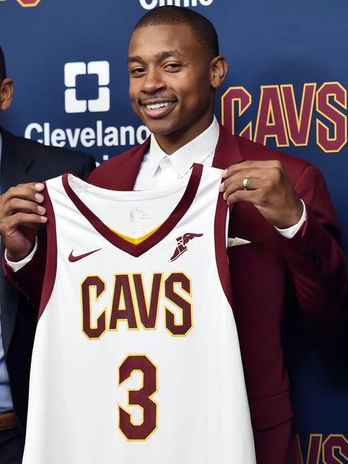 Sep. 7, 2017: Isaiah Thomas poses with his jersey during his introductory press conference with the Cleveland Cavaliers.