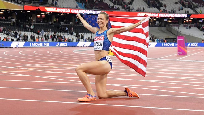Jenny Simpson of the USA celebrates after closing fast in the 1,500 final to claim silver.