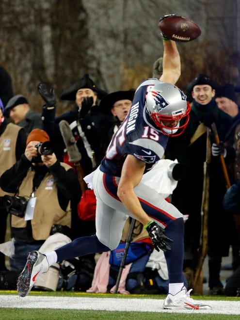 Patriots wide receiver Chris Hogan (15) celebrates after scoring a touchdown against the Steelers.