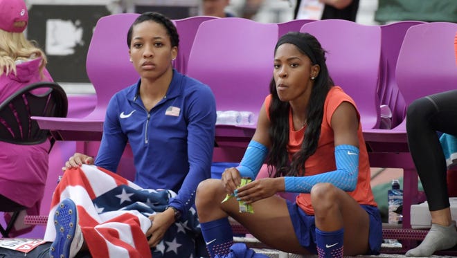 Kendell Williams (left) and Erica Bougard of the USA start their heptathlon competition on Day 2.