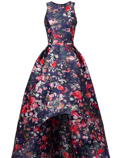 This ML Monique Lhuillier Floral Jadore Gown combines both the high-low and floral print trends, size 0-14; $95-120 rentals.