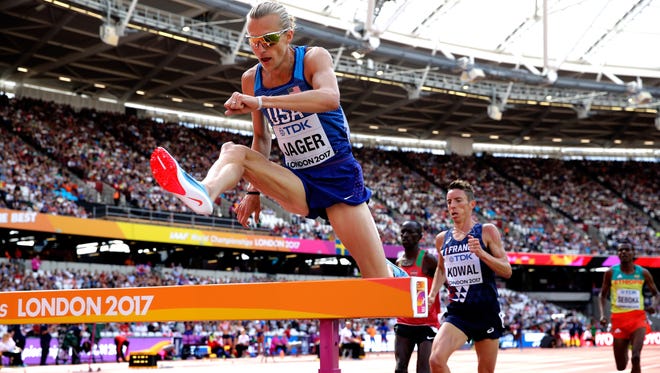 Evan Jager of the USA advances in the steepleachase.