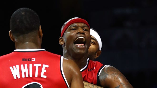 Al Harrington of Trilogy reacts at the end of the game against Killer 3s.