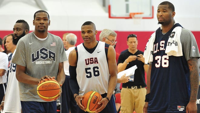 2012: Team USA guard Kevin Durant, guard Russell Westbrook and center DeMarcus Cousins during practice at the UNLV Mendenhall Center.