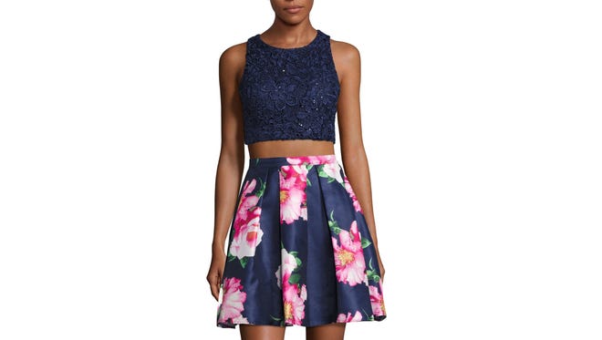 This look combines multiple trends for 2017, including crop-tops and full skirts. My Michelle Sleeveless Sequin Dress Set-Juniors from J.C. Penney, size 1-15; $52.99.