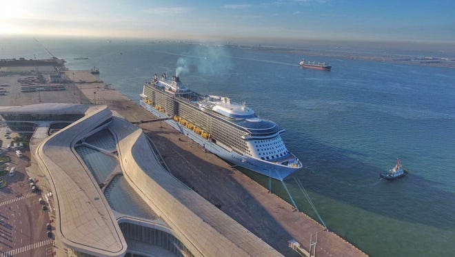 Royal Caribbean's Ovation of the Seas docked in Tiajin, China in advance of its christening on June 24, 2016.