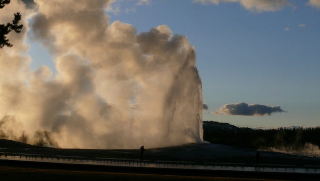 Old Faithful erupts at sunset at Yellowstone National Park in Wyoming on May 11, 2014.