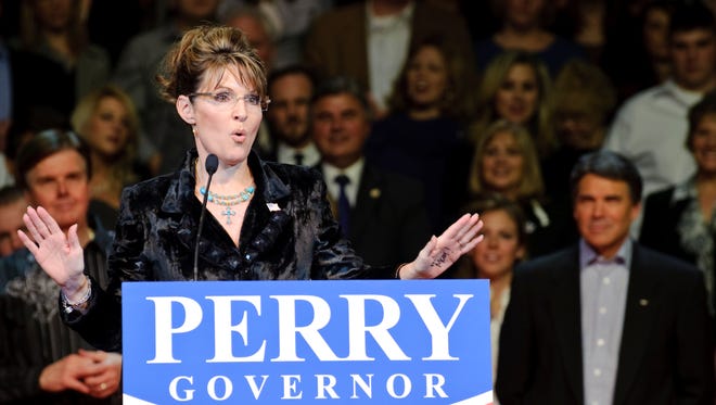 Palin speaks during a campaign rally for Texas Gov. Rick Perry on Feb. 7, 2010, in Cypress, Texas.