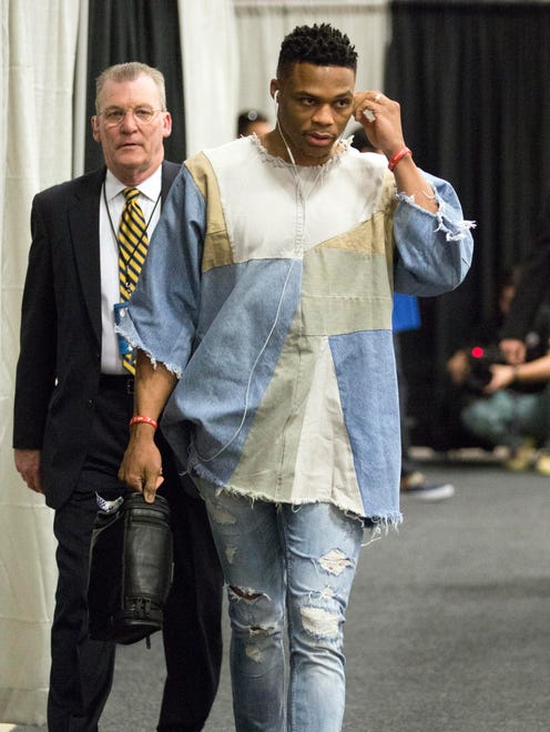 2016: Russell Westbrook arrives at the arena before the second round of the NBA playoffs against the San Antonio Spurs.