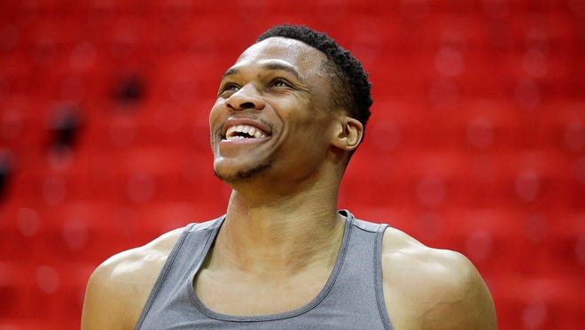 2017: Westbrook smiles as he warms up before playing against the Houston Rockets.