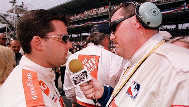 Tony Stewart talks with a reporter before the Indianapolis 500 in 1999.