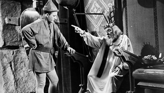 Bing Crosby and Sir Cedric Hardwicke in a scene from the 1949 motion picture A Connecticut Yankee in King Arthur's Court. A total solar eclipse was a plot device in the movie.