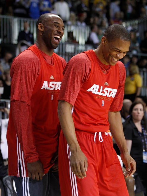 2012: Kobe Bryant, left, laughs with Russell Westbrook during practice for the NBA All-Star Game.