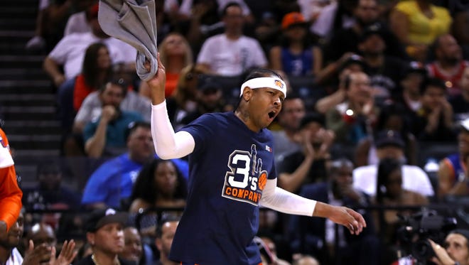 Allen Iverson #3 of 3's Company reacts in the game against the Ball Hogs during week one of the BIG3 three on three basketball league at Barclays Center on June 25, 2017 in New York City.