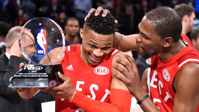2016: Russell Westbrook celebrates with teammate Kevin Durant after being named MVP of the NBA All-Star Game.