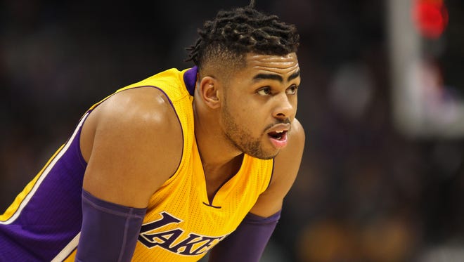Los Angeles Lakers guard D'Angelo Russell (1) looks on against the Sacramento Kings during the second half at Golden 1 Center.