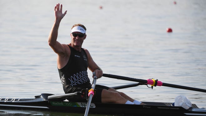 Mahe Drysdale (New Zealand) after winning a men's single sculls rowing heat.