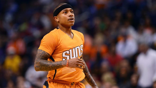 Oct 31, 2014: Phoenix Suns guard Isaiah Thomas (3) runs up the court against the San Antonio Spurs in the first half at US Airways Center.
