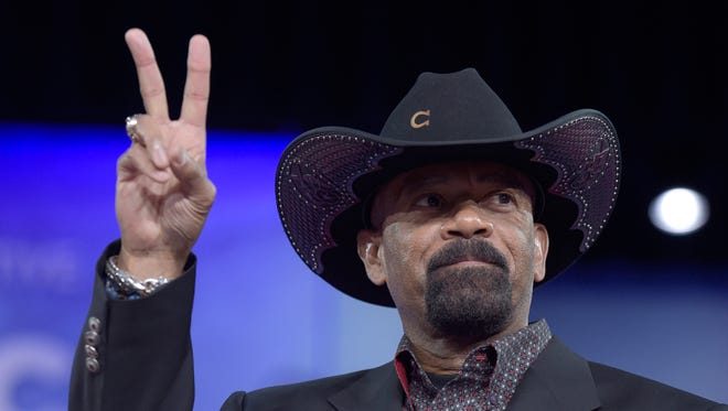Milwaukee County Sheriff David Clarke gestures as he speaks at the Conservative Political Action Conference Feb. 23, 2017.