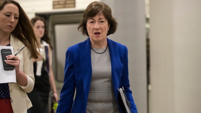 Sen. Susan Collins, R-Maine, arrives for a briefing with Senate Majority Leader Mitch McConnell, R-Ky., on June 22, 2017.