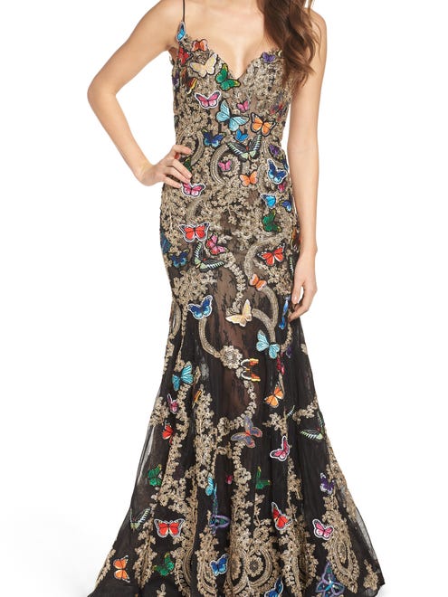 Bold prints are everywhere this season, including runways from New York to Paris. Mac Duggal Butterfly Lace Appliqué Gown, available at Nordstrom; size 0-10; $798.