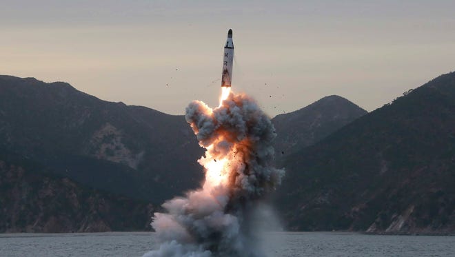 An undated file photo released on 24 April 2016 by North Korean Central News Agency (KCNA) shows an 'underwater test-fire of strategic submarine ballistic missile' conducted at an undisclosed location in North Korea. According to media reports on 28 April 2017 state that North Korea has test-fired a ballistic missile an area just north of Pyongyang.