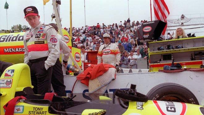 Tony Stewart prepares to run the Indianapolis 500 in 1996. Stewart was elevated to the pole position when original winner Scott Brayton was killed in a practice crash. Stewart was awarded rookie honors after finishing 24th.