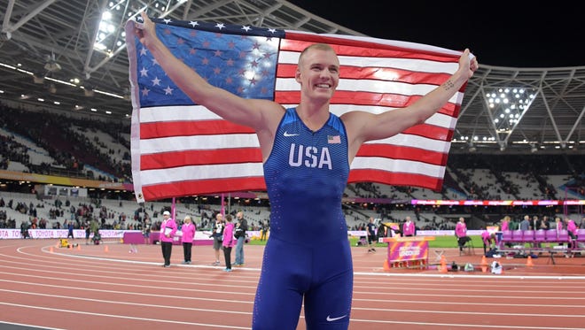 The U.S.'s Sam Kendricks takes a victory lap with a United States flag after winning the pole vaultduring the IAAF World Championships in Athletics at London Stadium at Queen Elizabeth Park.