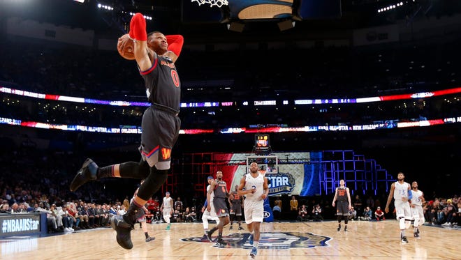 2017: Russell Westbrook dunks the ball in the 2017 NBA All-Star Game.