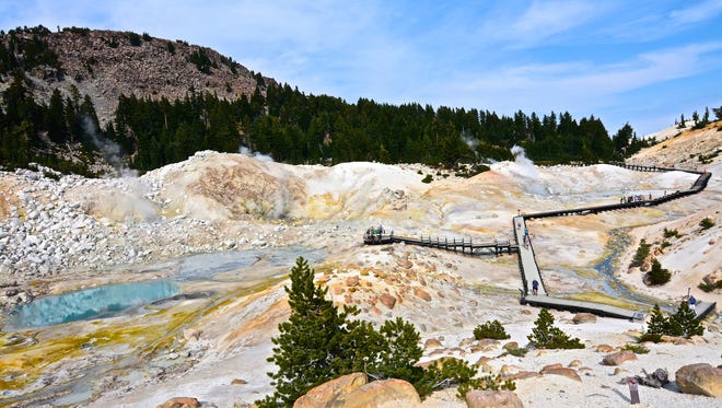 According to nps.gov, the  features of the Lassen Volcanic National Park in 
California include humping mud pots, boiling pools, steaming ground and roaring fumaroles.
