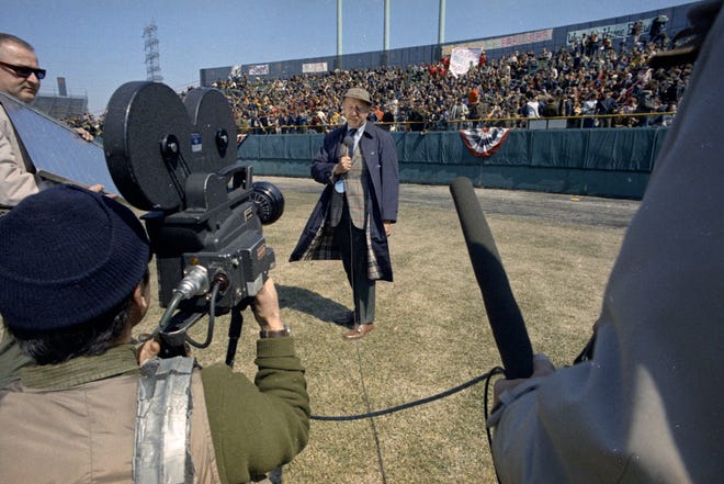National CBS commentator Heywood Hale Broun during the Brewers' first opening day on April 7, 1970. It was also the season opener for the Brewers. A crowd of 37,237 saw the Brewers fall to the California Angels 12-0.