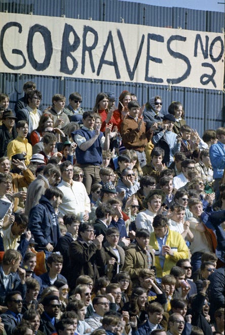 Excited fans displayed a sign that said "Go Braves No. 2" during the Brewers' first opening day on April 7, 1970. The game was also the season opener for the Brewers. A crowd of 37,237 saw the Brewers fall to the California Angels 12-0.