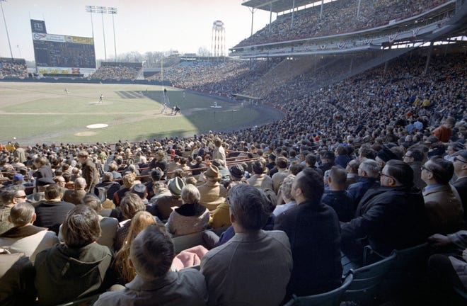 The lower grandstand is packed during the Brewers' first opening day on April 7, 1970. The game was also the season opener for the Brewers. A crowd of 37,237 saw the Brewers fall to the California Angels 12-0.